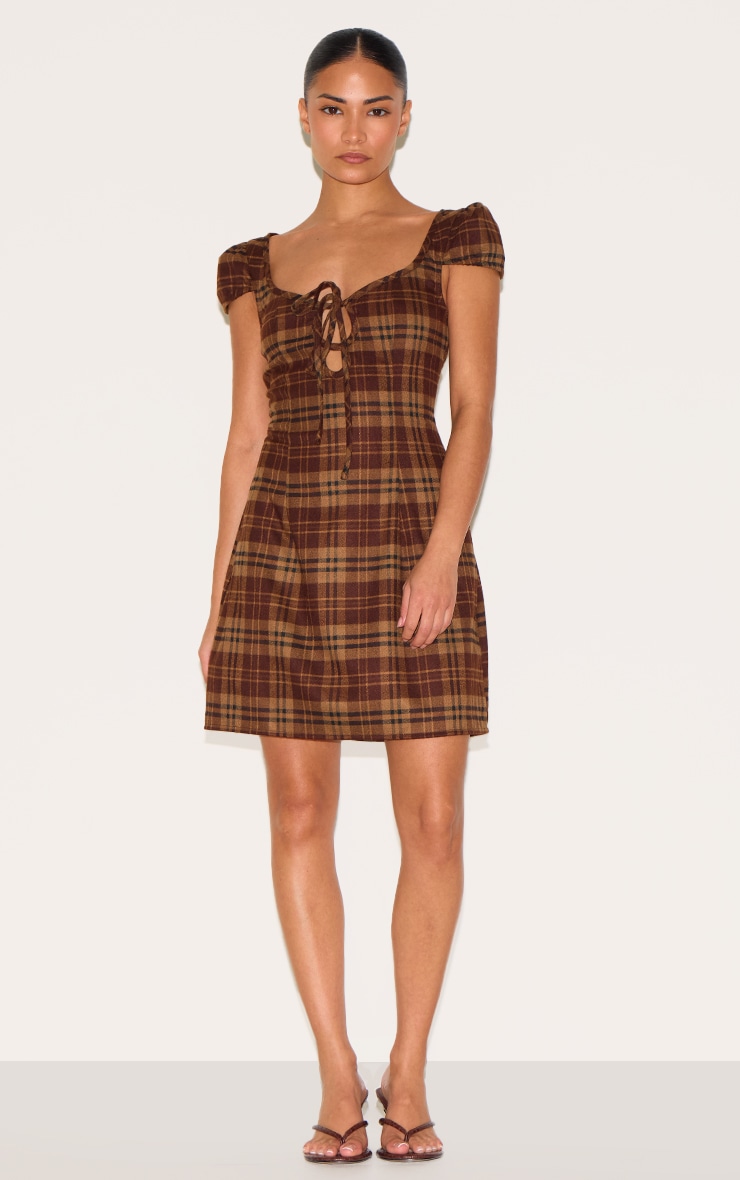 Petite Brown Checked Front Tie Mini Dress image 3