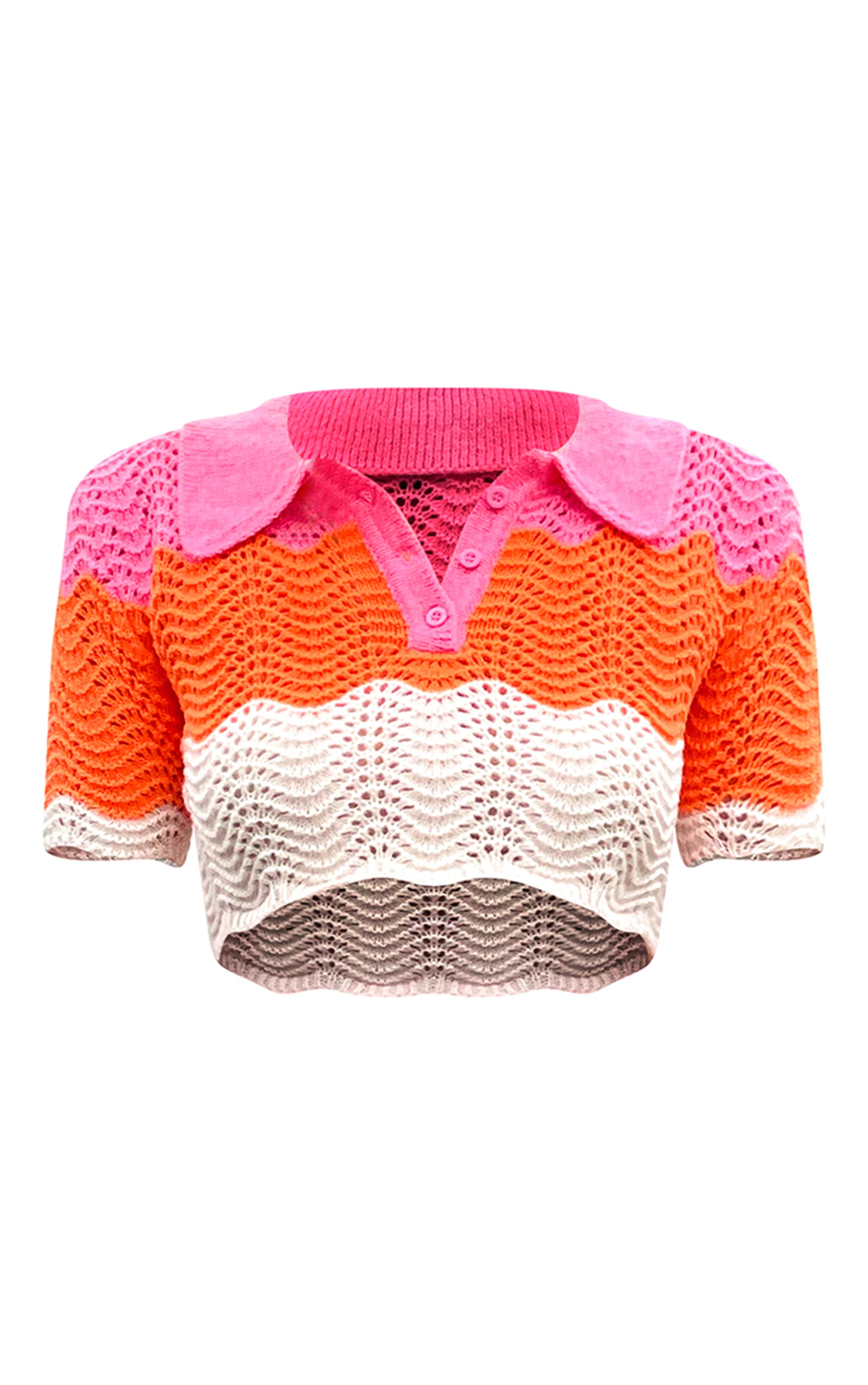 Pink Contrast Crochet Knit Cropped Top image 5