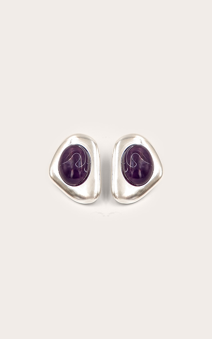 Boucles d'oreilles lisses abstraites argentées à pendentif prune image 2