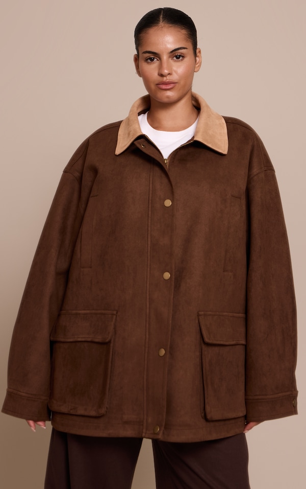 Plus Chocolate Oversized Pocket Detail Contrast Collar Jacket