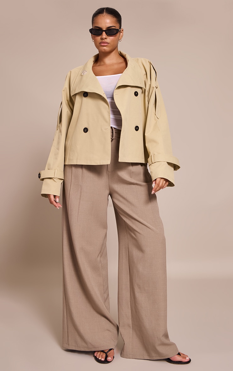 Plus Beige Double Breasted Funnel Neck Cropped Trench Coat image 3