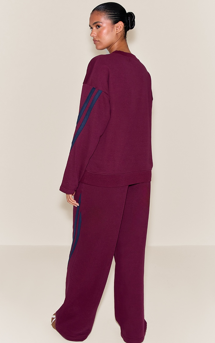 Burgundy Contrast Striped Wide Leg Sweatpants image 3