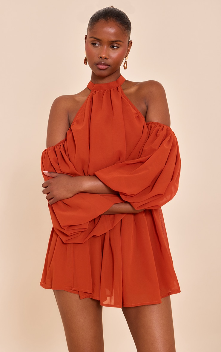Rust Chiffon Ruffle Off Shoulder Romper image 1