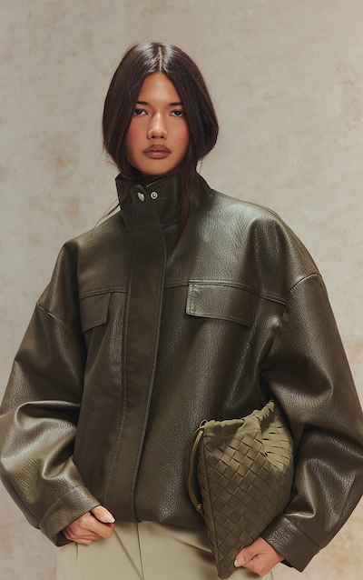 Veste en PU kaki à col entonnoir et boutons cachés