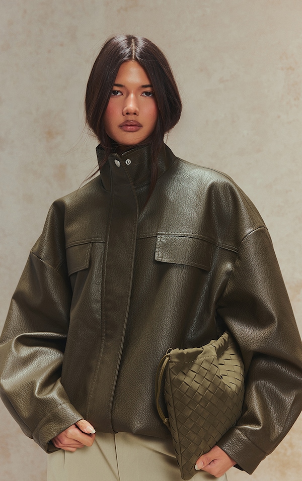 Veste en PU kaki à col entonnoir et boutons cachés