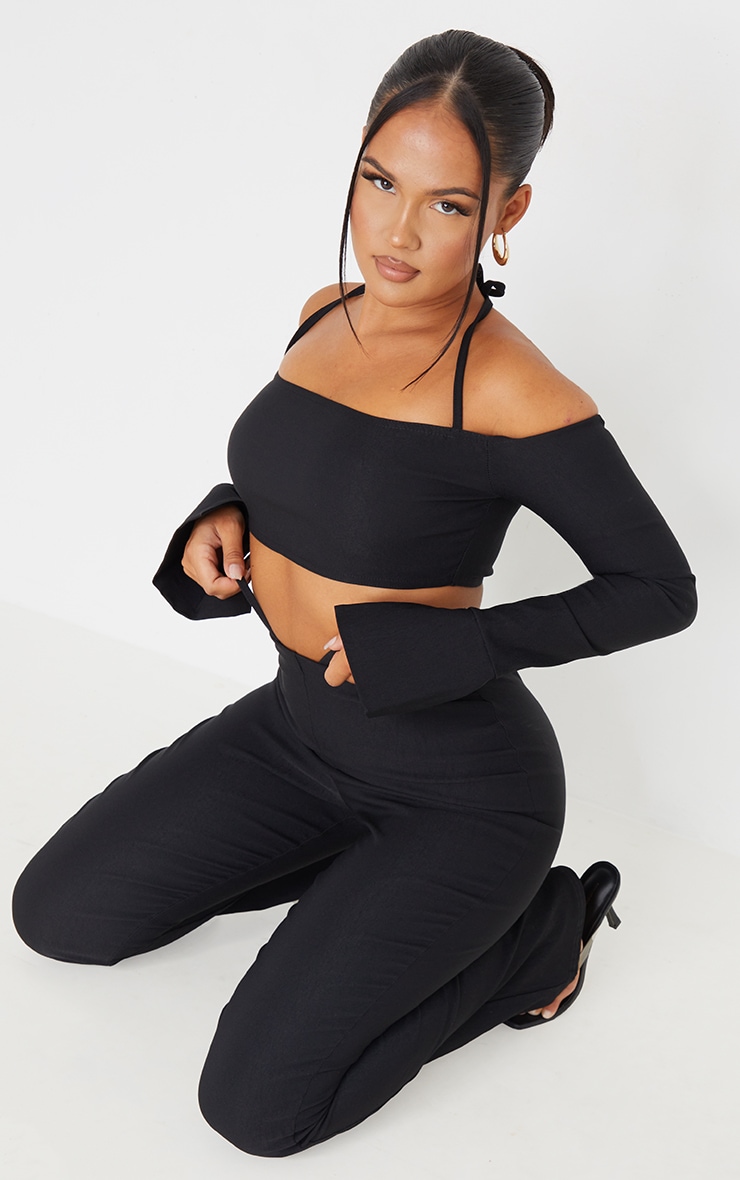 Black Stretch Woven Halterneck Bardot Crop Top image 3