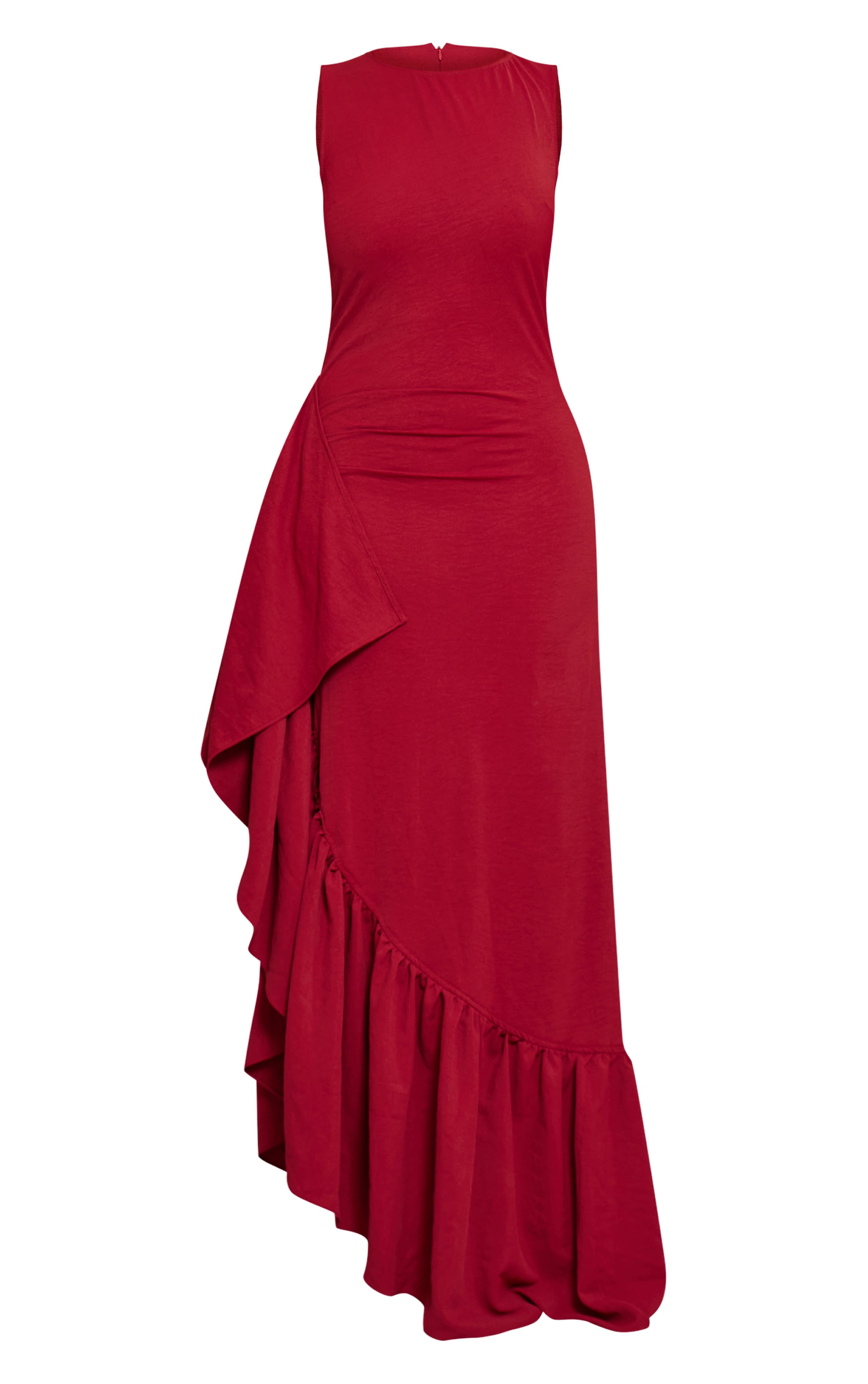 Shape Red Stretch Woven Boat Neck Side Split Frill Maxi Dress image 5