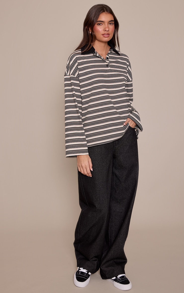 Multi Soft Rib Striped Detail Collared Long Sleeve Top image 3