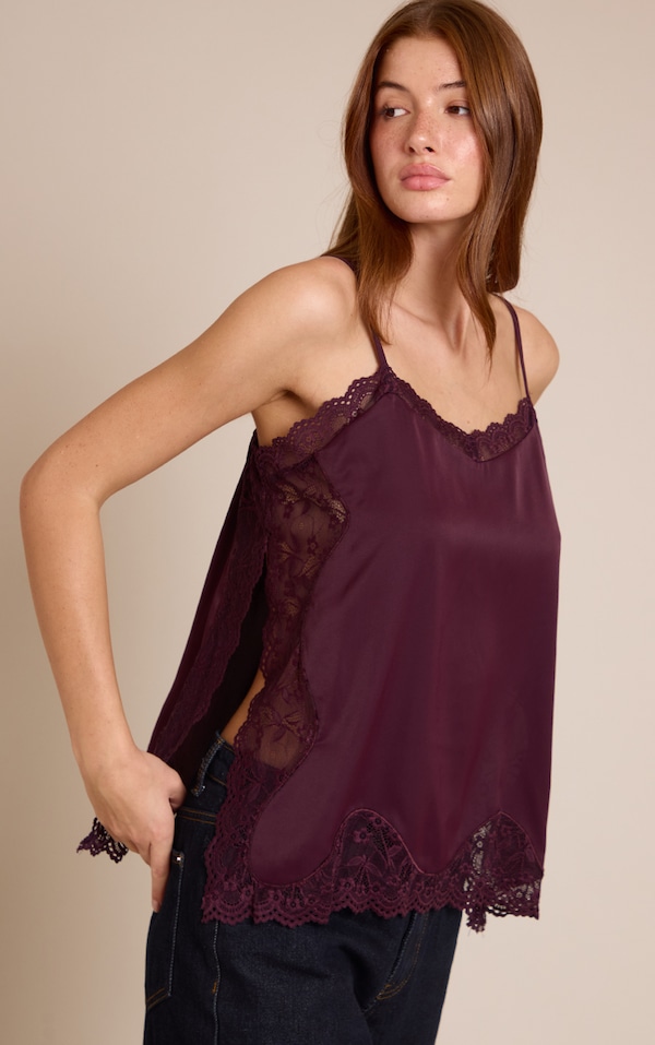 Dark Plum Woven Lace Trim Detail Strappy Cami Top