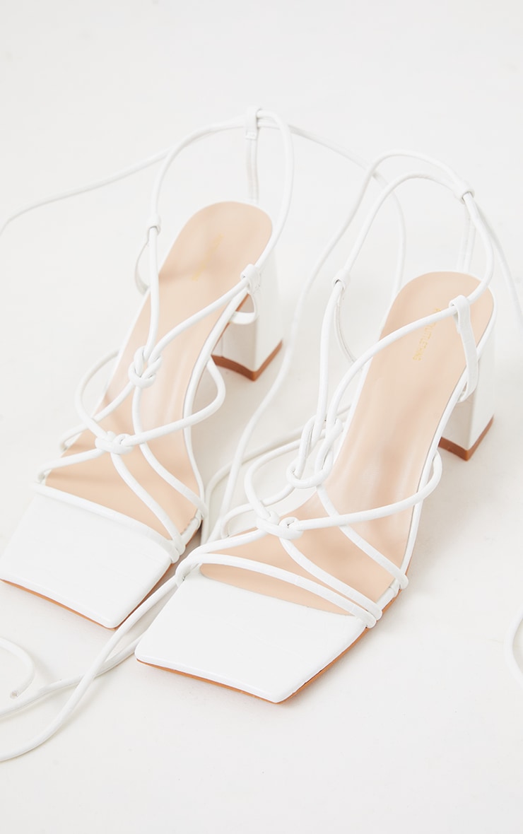 White Square Toe Knotted Lace Up Block Sandals image 3