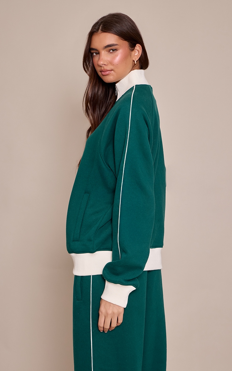 Forest Green Contrast Zip Up Funnel Neck Sweatshirt image 2