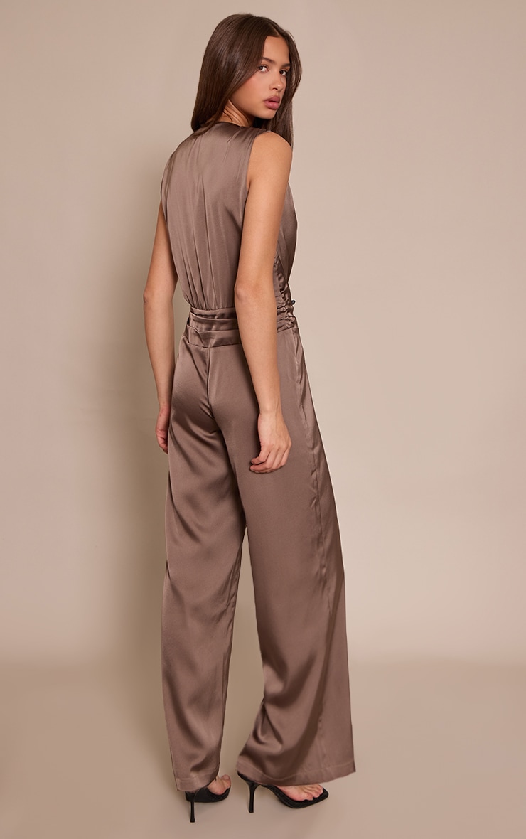 Deep Taupe Satin Plunge Dropped Waist Jumpsuit image 2