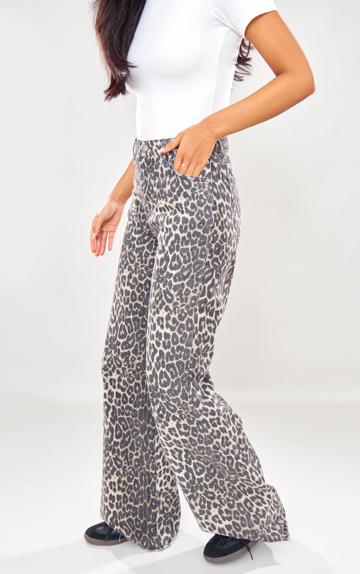 Tall Brown Leopard Print Wide Leg Denim Jeans image 1