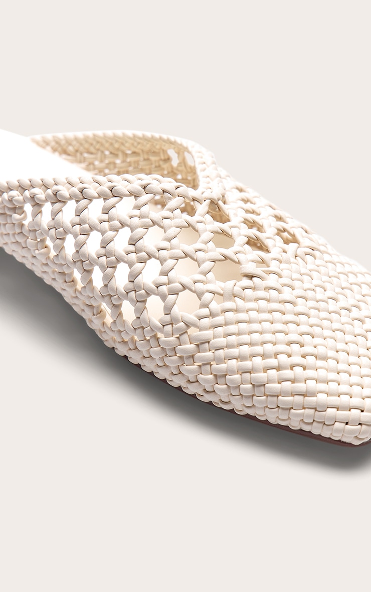 Cream Pu Square Toe Woven Flats image 5
