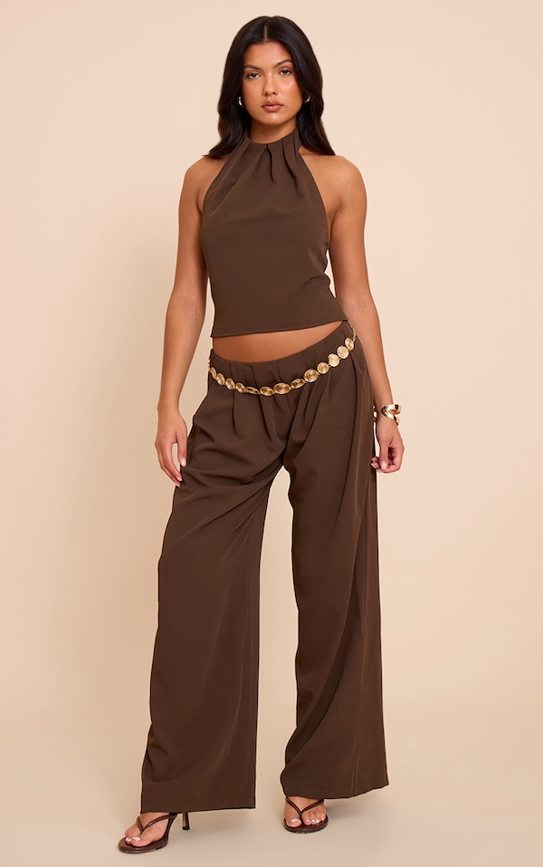 Pantalon large tissé marron foncé plissé à taille basse
