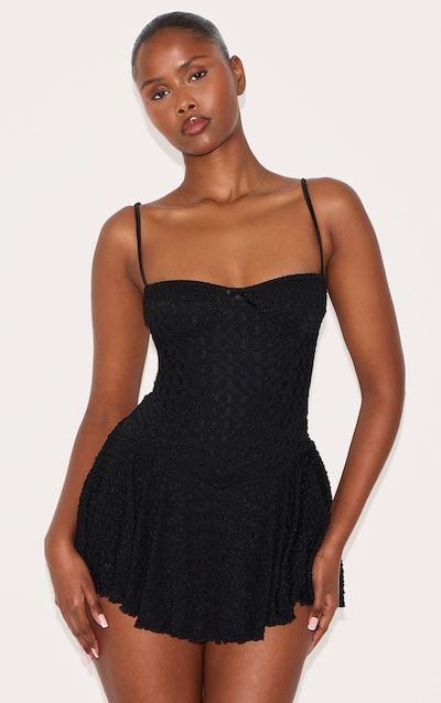 Black Textured Lace Strappy Skort Floaty Playsuit