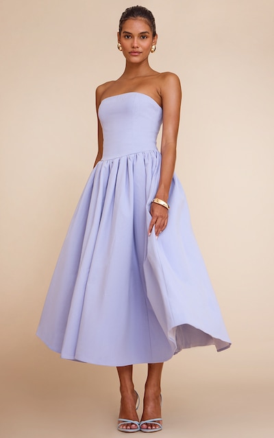 Robe bustier mi-longue patineuse tissée bleu clair froncée