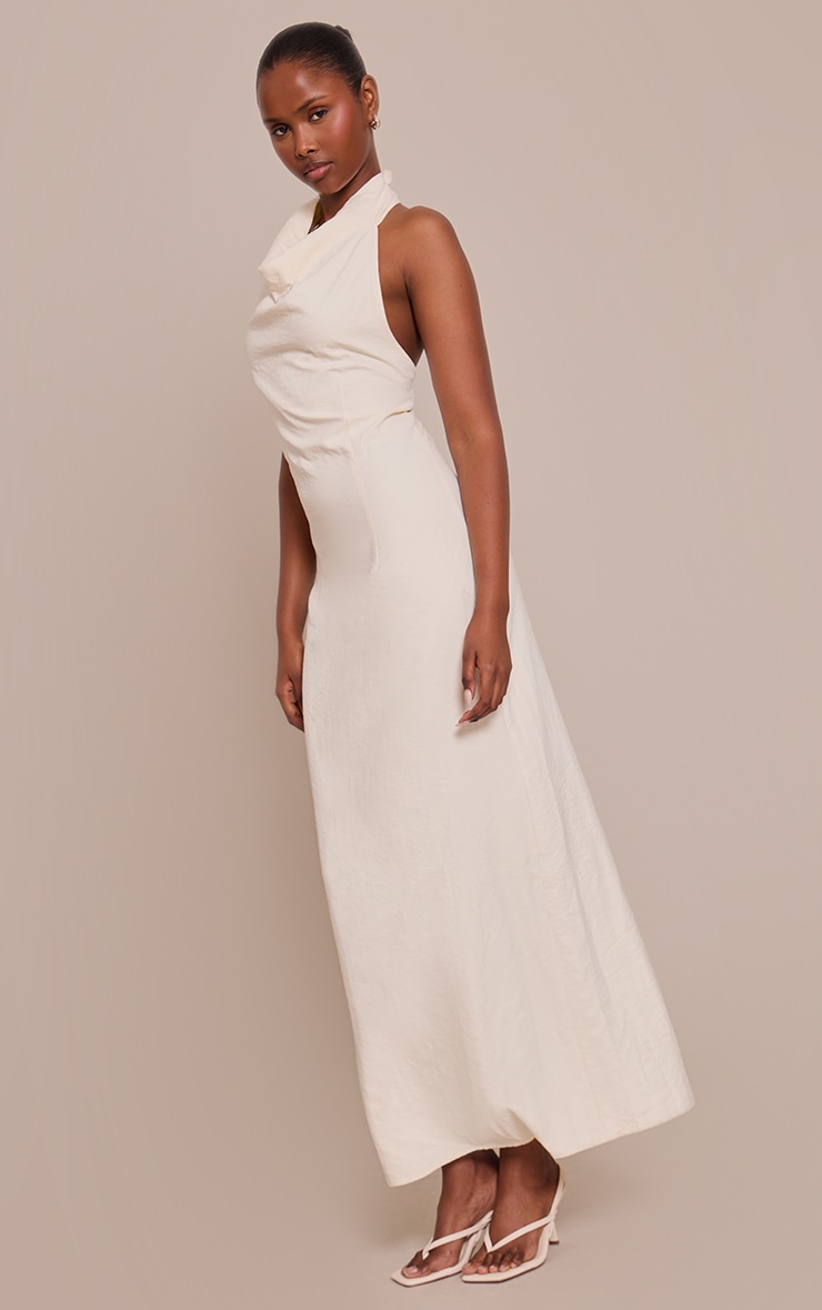 Cream Textured Cowl Neck Sleeveless Maxi Dress image 3