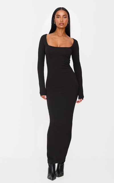 Robe longue en coton noir à col carré et manches longues