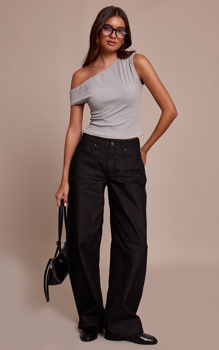 Grey Marl Soft Brushed Rib Asymmetric Neckline Long Top image 3