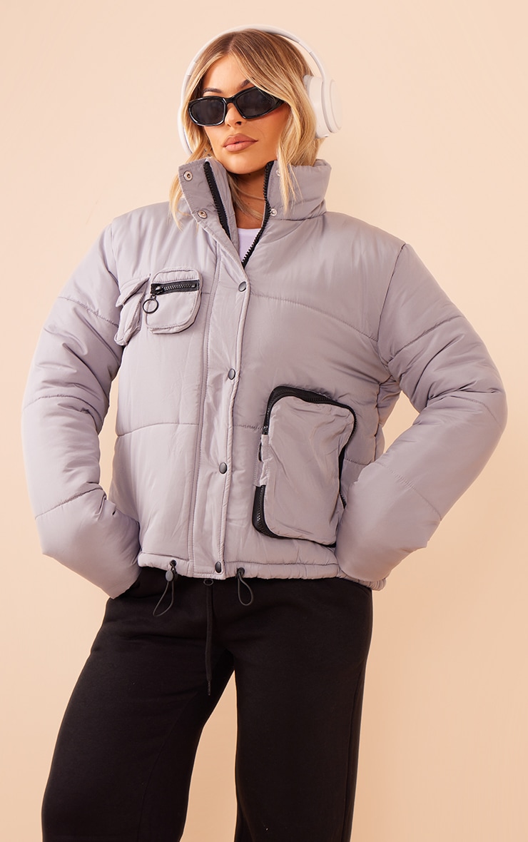 Slate Grey Utility Pocket Front Ribbed Cuff Puffer Jacket PrettyLittleThing IL