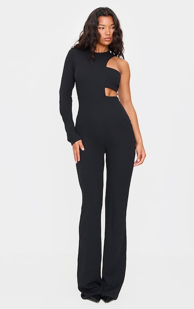 Black One Shoulder Flare Leg Jumpsuit