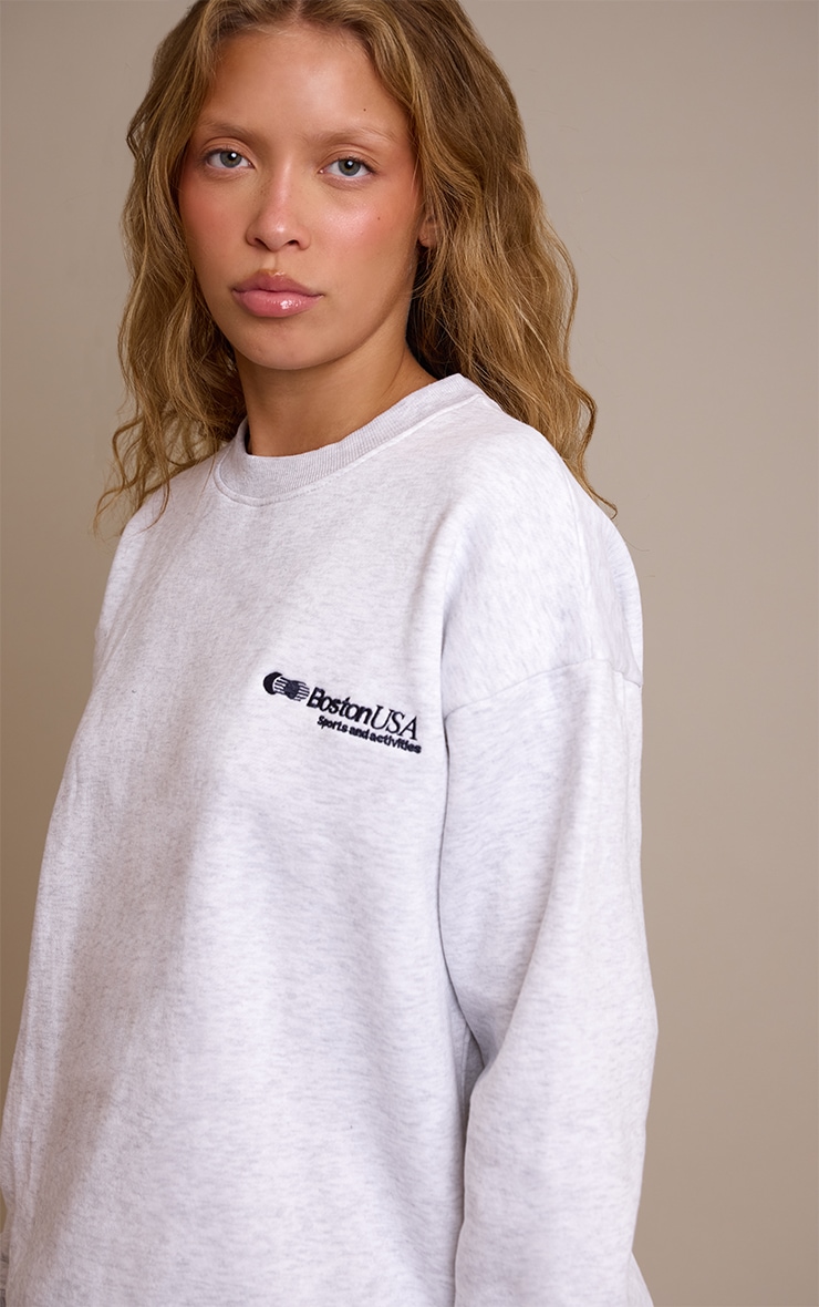 Ash Grey Oversized Boston Usa Embroidered Sweatshirt image 4