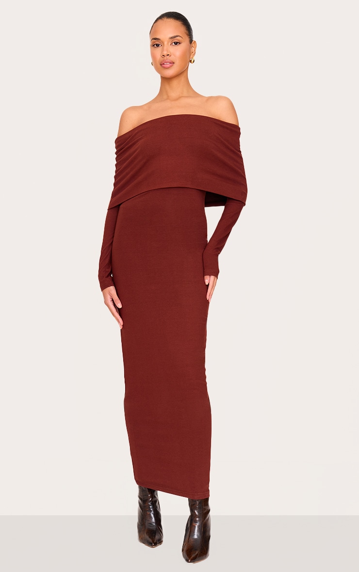 PrettyLittleThing.com Chocolate Cotton Super Oversized Bardot Maxi Dress