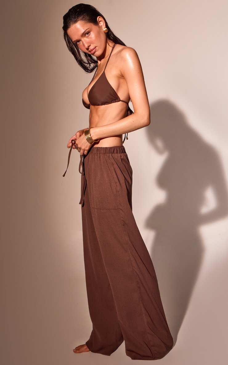 Espresso Linen Look Drawstring Beach Trousers image 2