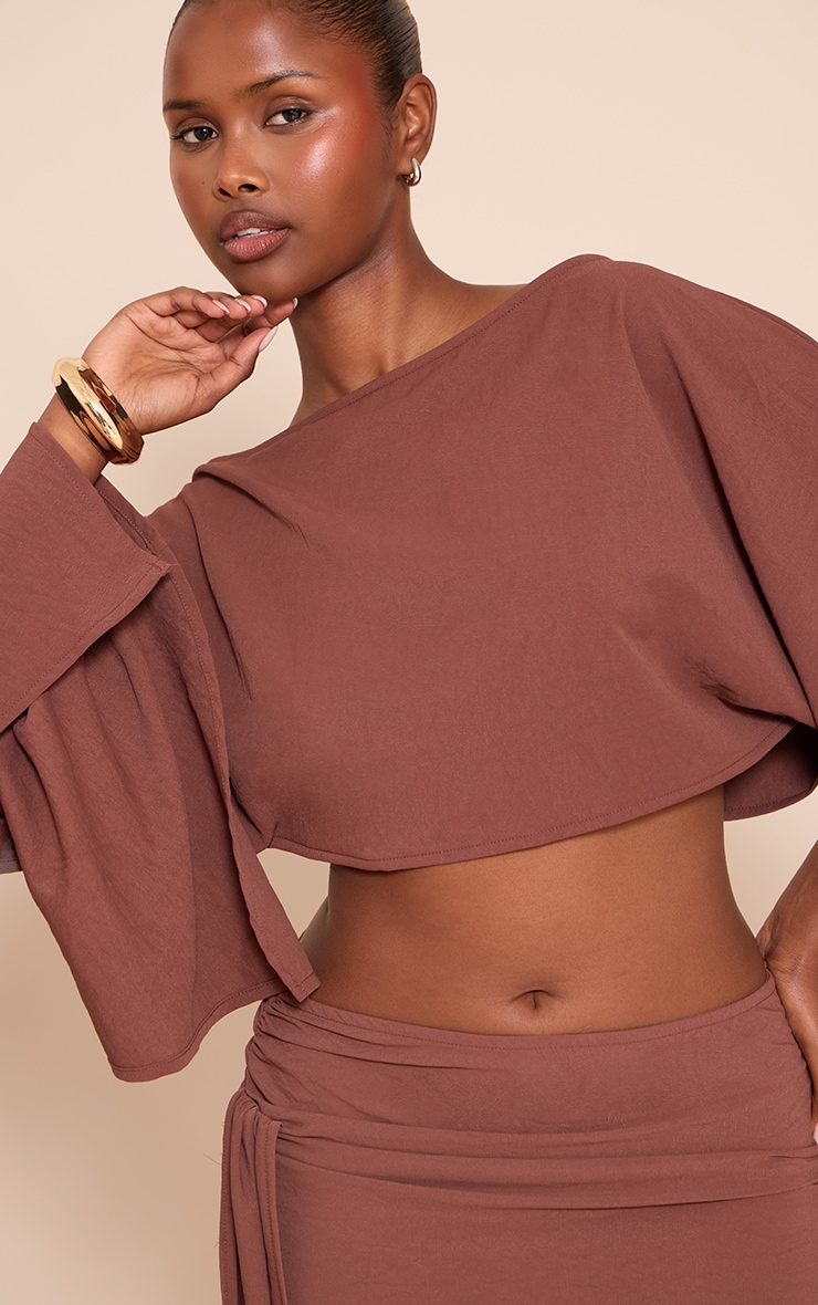 Dark Brown Floaty Woven Slash Neck Long Sleeve Top image 4