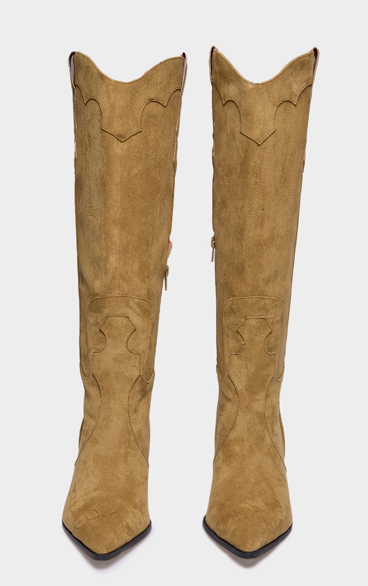 Taupe Wide Fit Faux Suede Point Toe Knee High Heeled Western Boots image 4