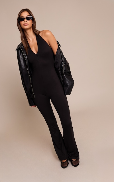 Black Soft Touch V Neck Flared Jumpsuit