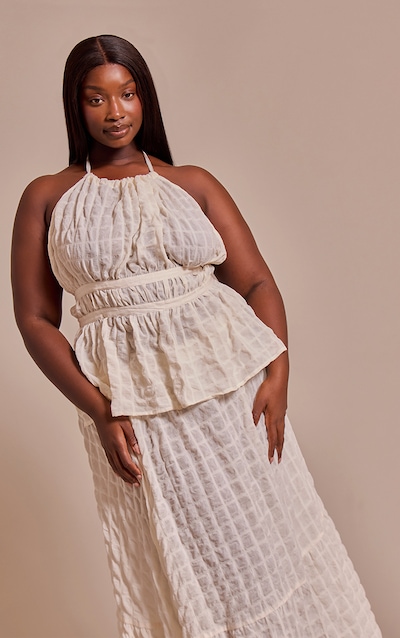 Plus Cream Textured Shirred Long Sleeve Top