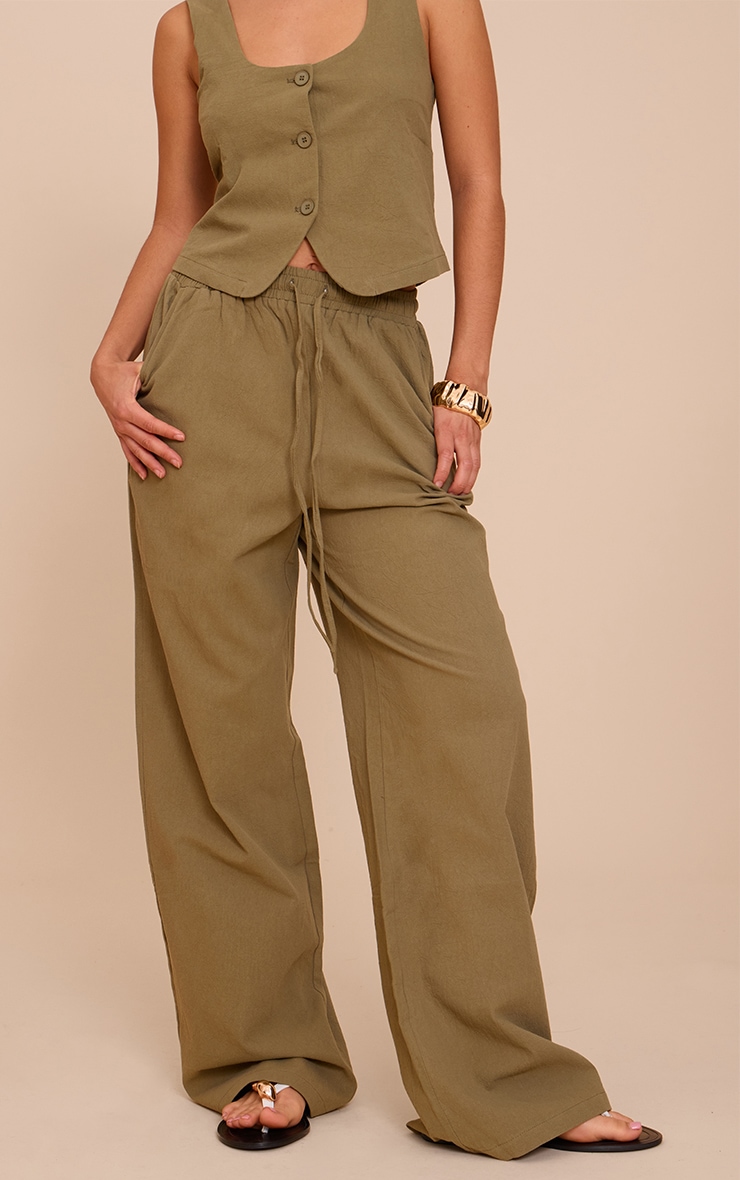 Khaki Tailored Linen Look Draw String Wide Leg Pant image 2