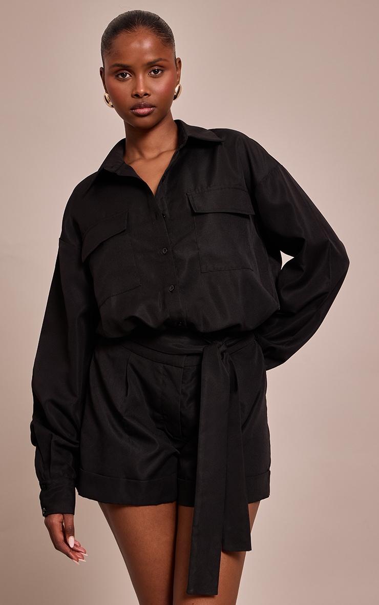 Black Woven Relaxed Long Sleeve Romper image 1
