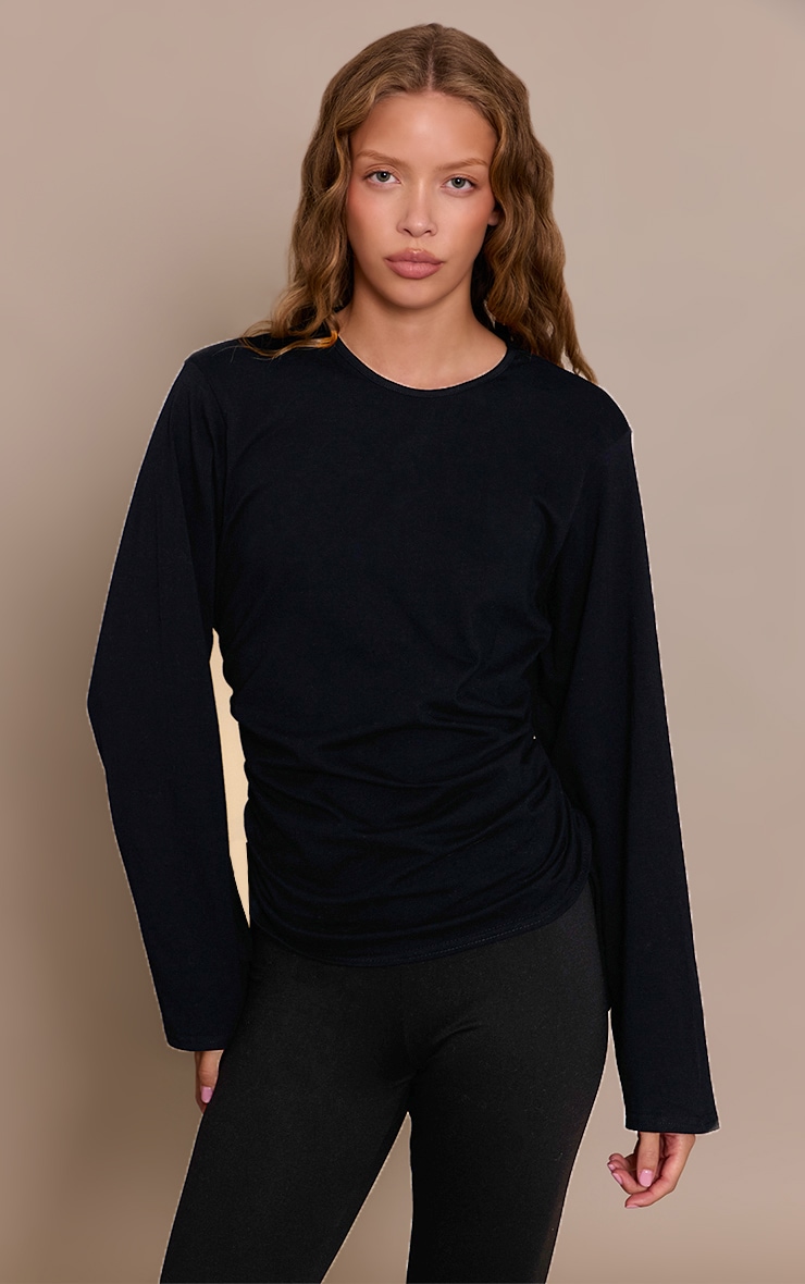 Black Cotton Ruched Side Detail  Slouchy Top image 1