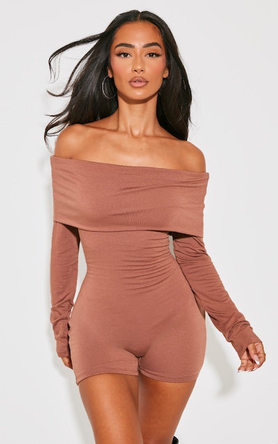 Petite Chocolate Contour Jersey Foldover Bardot Playsuit