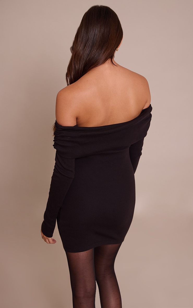 Black Ribbed Fold Over Bardot Long Sleeve Bodycon Dress image 2