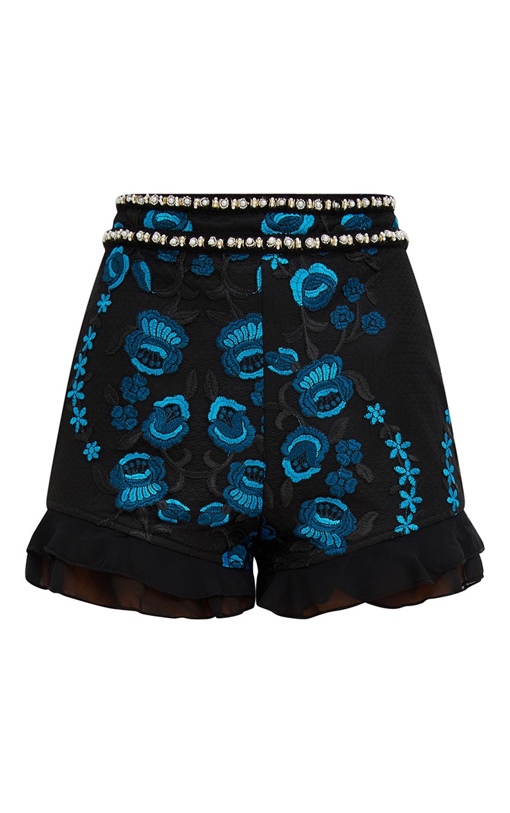 Premium Black Embroidered Frill Detail Shorts PrettyLittleThing