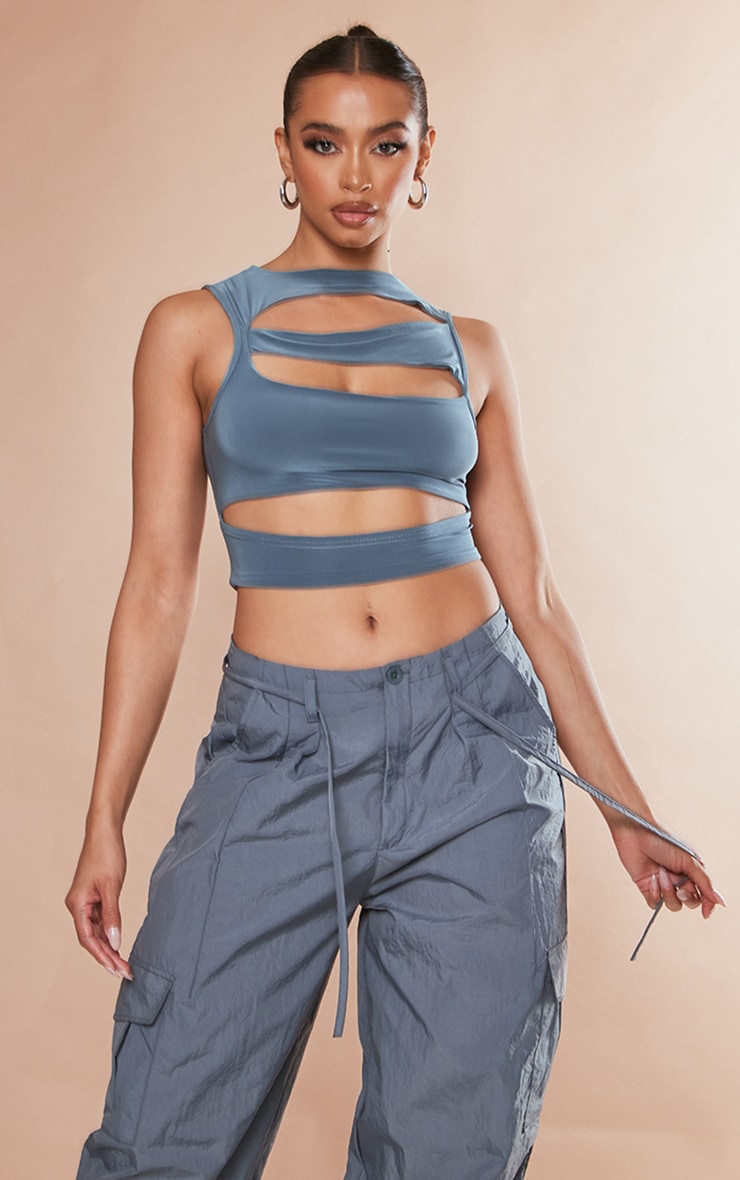 Charcoal Slinky Multi Slash Front Crop Top image 1