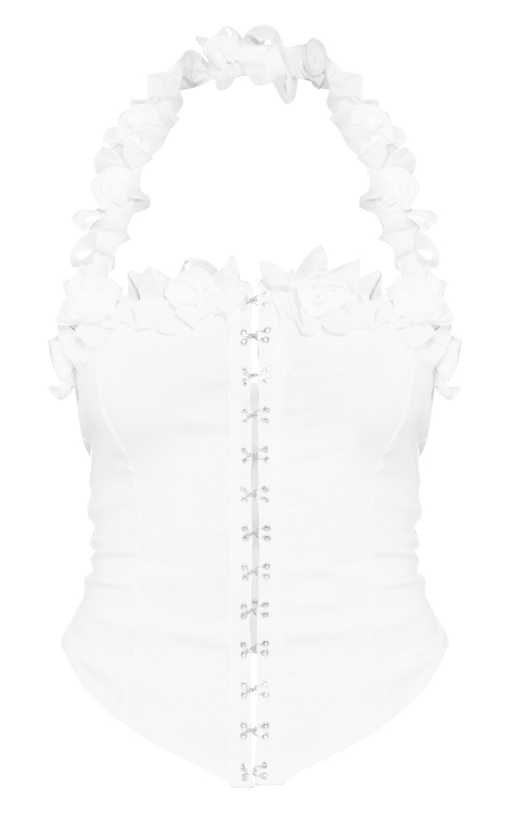 White Stretch Woven Hook And Eye Floral Halter Neck Crop Top