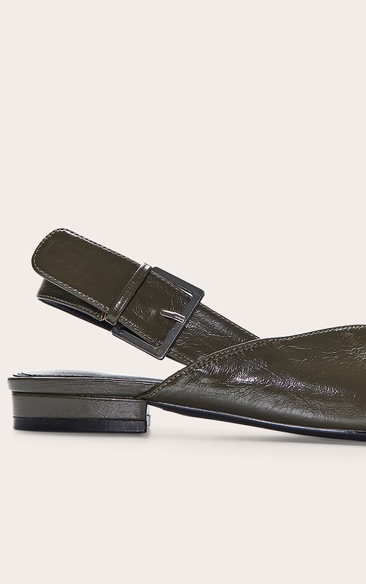 Olive Crinkle PU Buckle Point Toe Sling Back Mules image 5