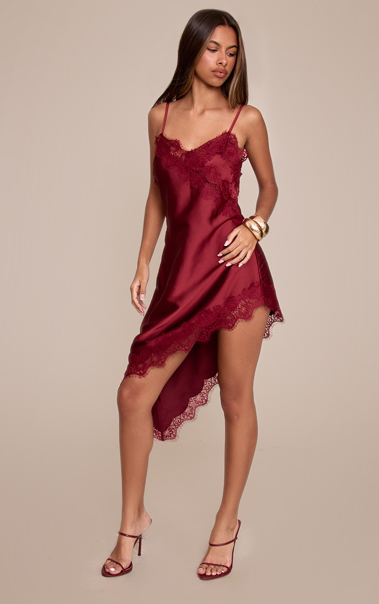 Petite Burgundy Asymmetric Lace Satin Mini Dress image 3