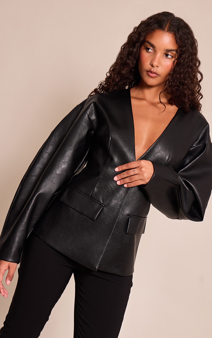 Black Leather Look Cinched Waist Blazer image 1