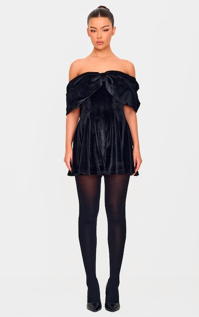 Black Premium Velvet Extreme Bow Detail Playsuit