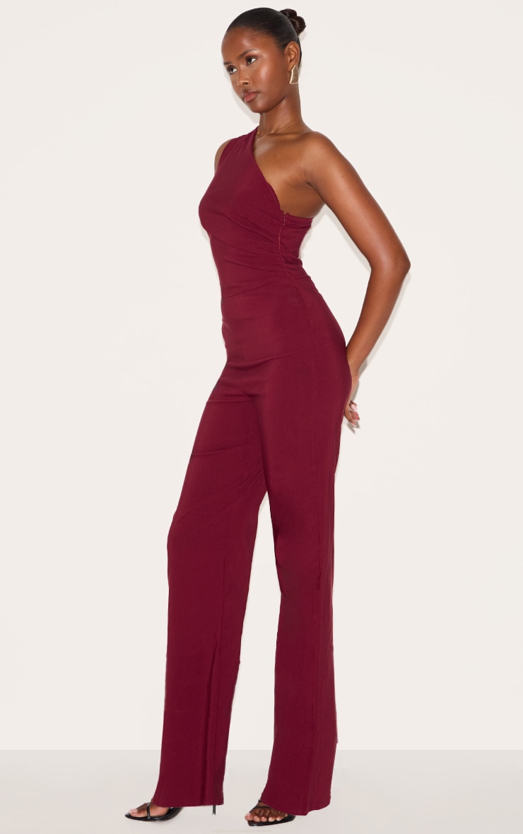 Wine Stretch Woven One Shoulder Ruched Flared Jumpsuit image 3