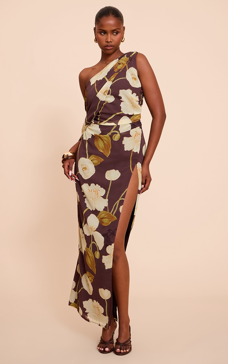 Chocolate Printed Chiffon Drape Detail Maxi Dress image 1