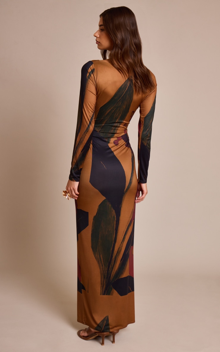 Dark Chocolate Floral Printed Slinky Long Sleeve Maxi Dress image 2