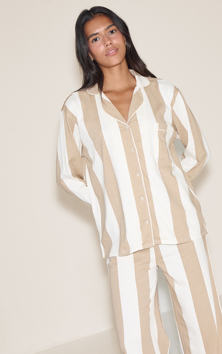 Stone Chunky Stripe Jersey Piping Detail Long Pj Set image 4