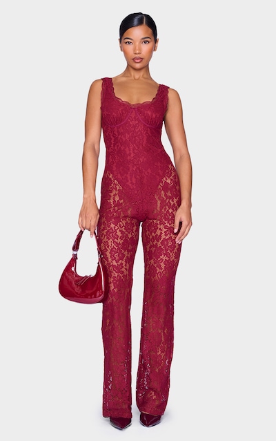 Burgundy Lace Boning Detail Strappy Flared Jumpsuit